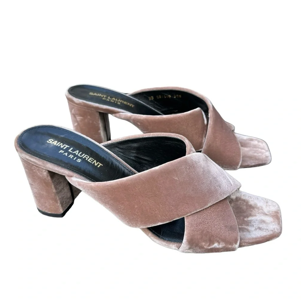 Saint Laurent Loulou Velvet Sandals Pink Crossover Strap Block Heel Mules Womens - Picture 3 of 17